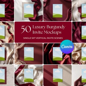 Puede incluir: Una colección de maquetas de invitaciones verticales de 5x7. Cada maqueta presenta una tarjeta con un diseño de cielo azul y paisaje verde. Las tarjetas se muestran sobre diversas telas burdeos y crema. El texto dice "50 Luxury Burgundy Invite Mockups".