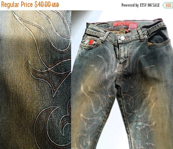 flame embroidered jeans