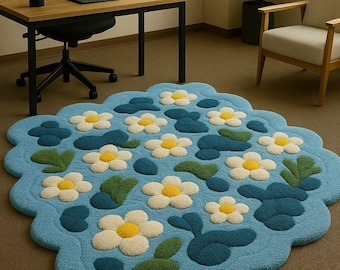 Hand Tufted Blue Floral Rug Scalloped Edge Area Rug Daisy Flower Living Room Carpet