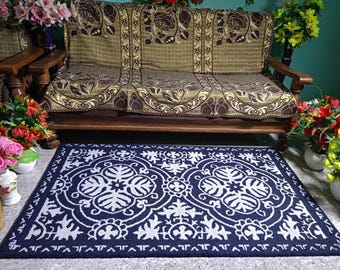 Navy Blue Floral Hand Tufted Rug, Ivory Botanical Area Rug, Traditional Oriental Carpet, Handmade Wool Statement Rug