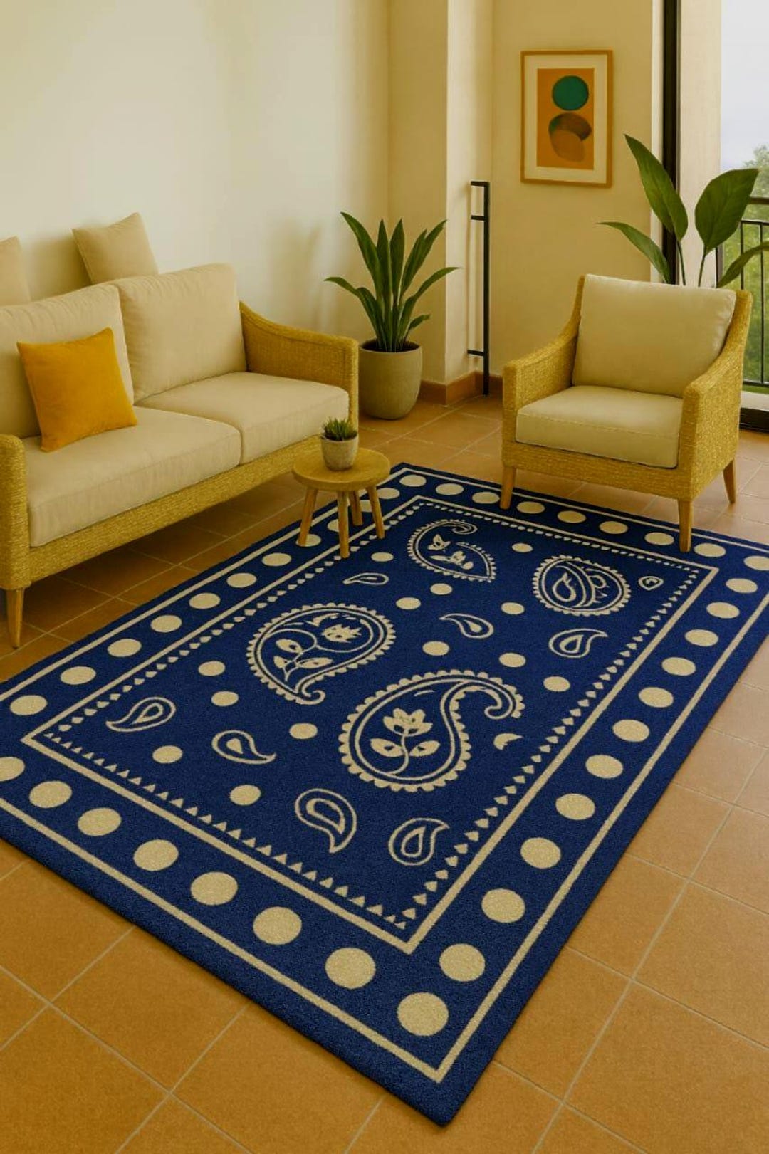 Hand Tufted Wool Rug, Blue Bandana Paisley Design, Boho Western Living ...