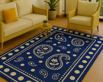 Alfombra de lana tejida a mano con diseño de cachemira y bandana azul, estilo bohemio occidental para sala de estar.