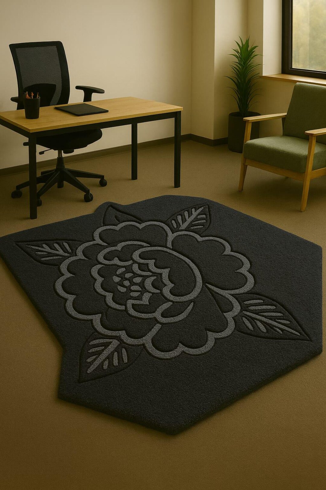 Hand Tufted Floral Rug – Charcoal Grey Botanical Carpet, Modern Wool ...