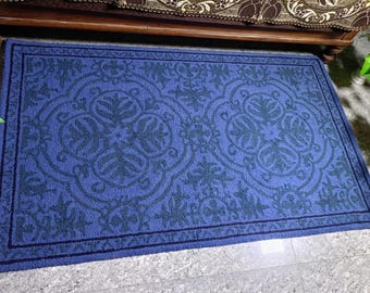Alfombra de lana tejida a mano: alfombra floral azul rey, elegante decoración para el hogar