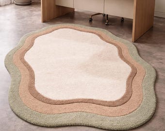 Neutral Organic Shape Area Rug, Modern Abstract Floor Rug, Soft Minimal Living Room Carpet