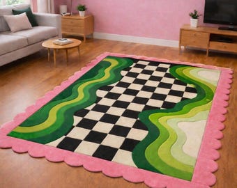 Alfombra de lana tejida a mano con diseño de tablero de ajedrez, borde ondulado rosa y verde, alfombra abstracta moderna para el suelo.