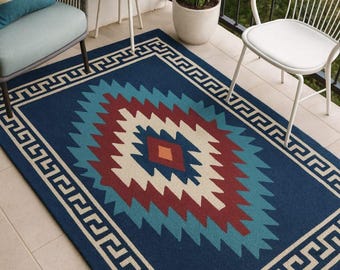 Navy Blue Southwestern Rug | Tribal Geometric, Boho Style