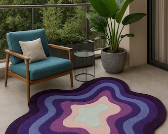 Alfombra moderna abstracta con mechones hechos a mano, con forma ondulada, color morado y azul, elegante decoración para balcón.