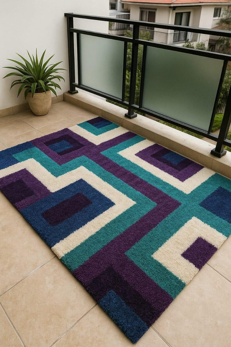 Puede incluir: Una alfombra rectangular con un patr&oacute;n geom&eacute;trico en tonos de azul, turquesa, morado y crema. La alfombra est&aacute; colocada sobre una superficie embaldosada. El dise&ntilde;o presenta l&iacute;neas y formas que se cruzan. Se ve una maceta y una barandilla de balc&oacute;n.