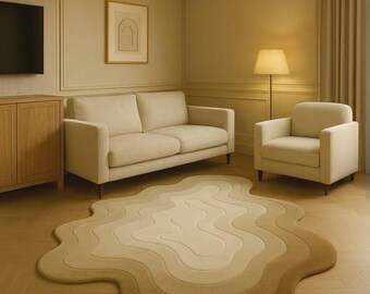 Hand-Tufted Wool Rug: Abstract Beige Wavy Pattern