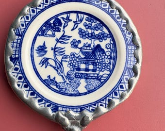 Antique Hand Mirror. Blue and White Willow Pattern. Etched Metal Handle.