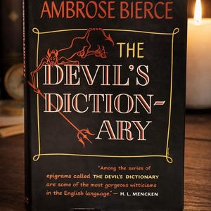 May include: A vintage hardcover book titled "The Devil's Dictionary" by Ambrose Bierce. The cover is black with red and white lettering and a devil illustration. A quote by H.L. Mencken is also featured.
