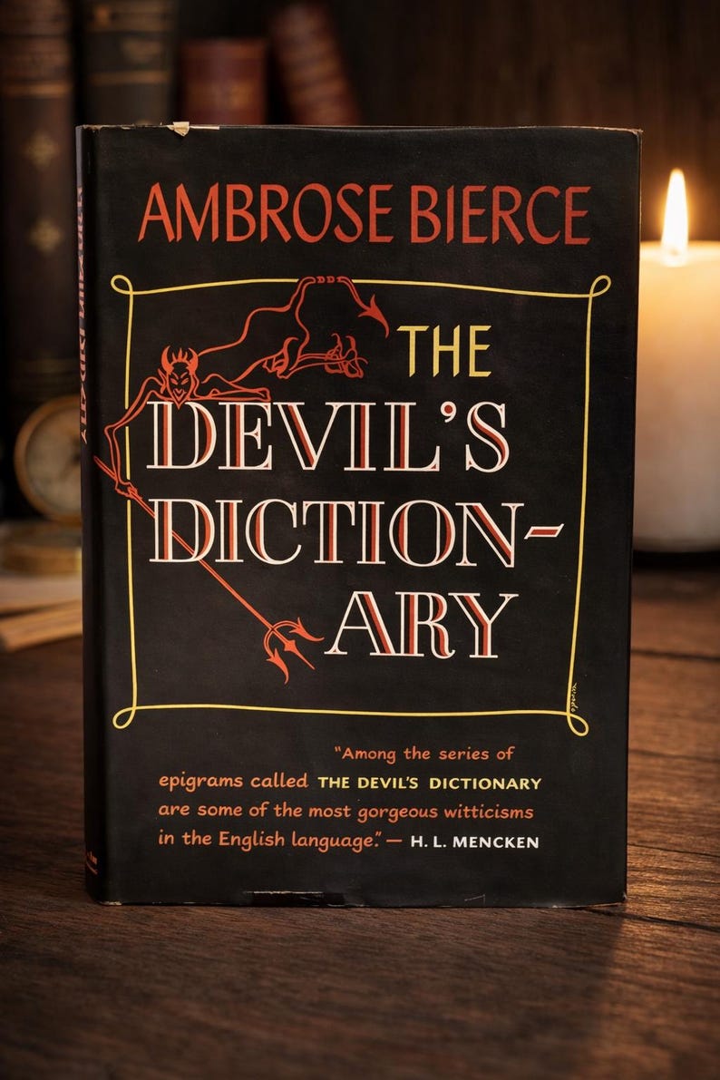 May include: A vintage hardcover book titled "The Devil's Dictionary" by Ambrose Bierce. The cover is black with red and white lettering and a devil illustration. A quote by H.L. Mencken is also featured.