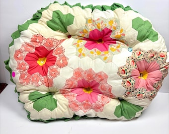 Vintage Grandmother's Flower Garden Quilt Pillow, Handmade Floral Throw Pillow