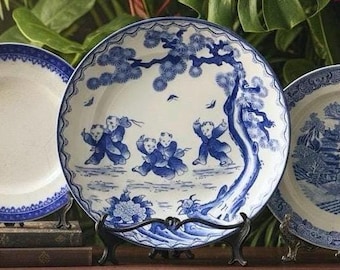 3 Vintage Blue & White Porcelain Plates, Chinoiserie Decor, 3 plates