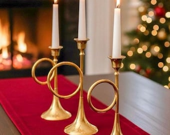 Set of 3 Brass Horn Candlestick, MCM Gold Candlestick, Vintage Bugle Candleholder, Holiday Decor