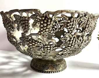 Vintage Silver Grape Bowl Pedestal Compote Openwork Metal Table Decor