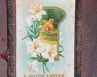 Vintage Embossed Easter Postcard – Chick and Lilies, Whitney Made c.1910-1930