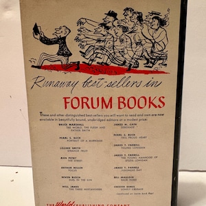 May include: Vintage book cover for "Forum Books" featuring a cartoon illustration of people running. The cover is beige with red and black text, listing authors and book titles. The World Publishing Company logo is at the bottom.