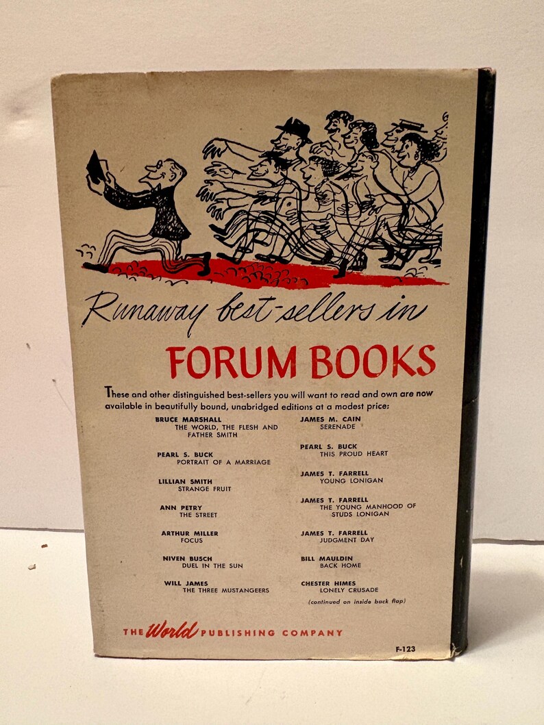 May include: Vintage book cover for "Forum Books" featuring a cartoon illustration of people running. The cover is beige with red and black text, listing authors and book titles. The World Publishing Company logo is at the bottom.
