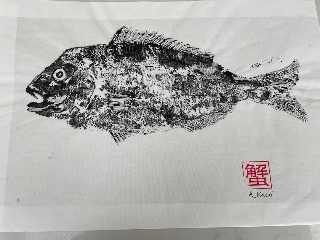 Wsumi Rice Fish Gyotaku Sea Bream Fish Ink Print on Rice Paper Using Traditional Sumi ...