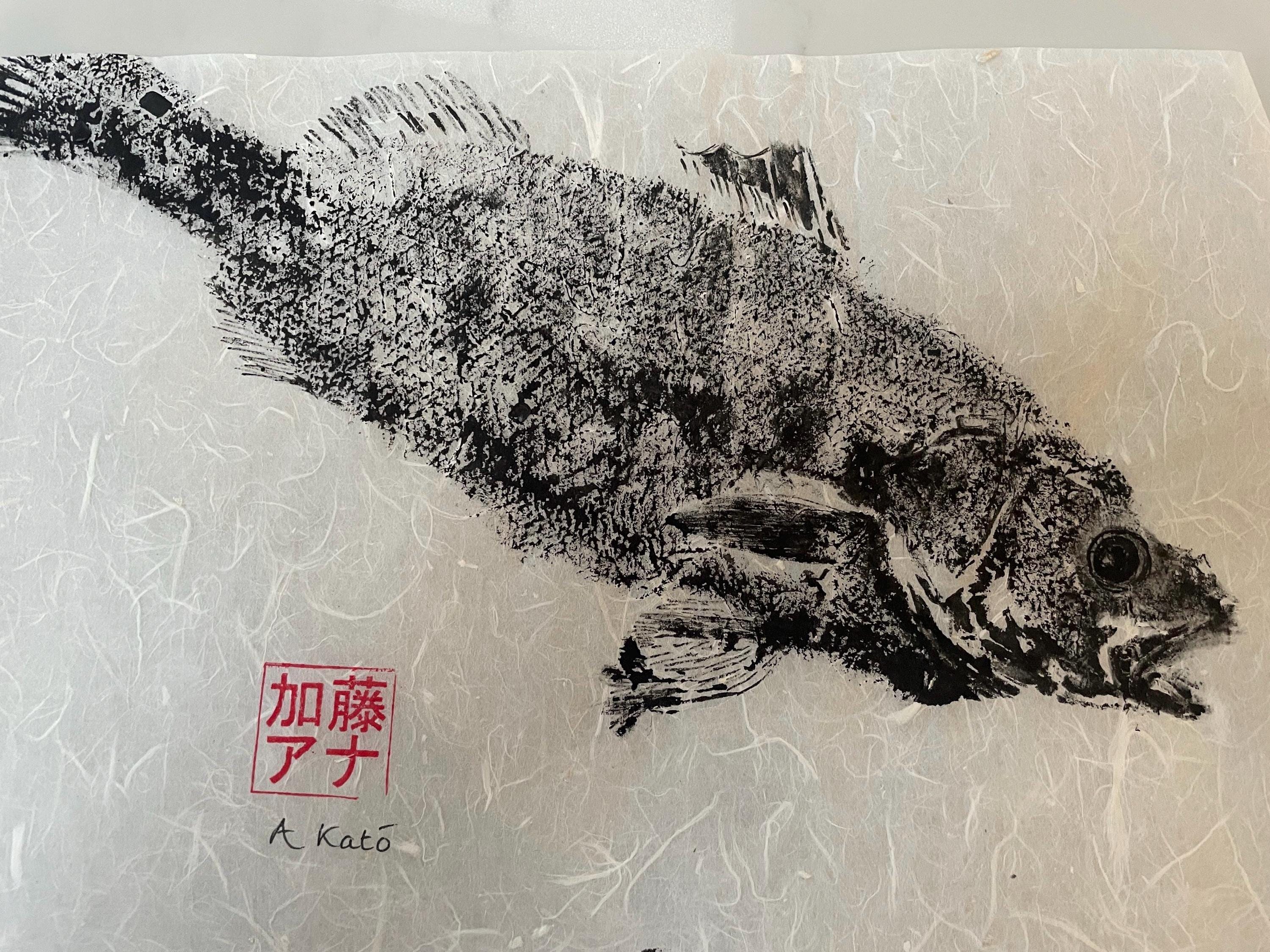 Gyotaku Sea Bass Fish Ink Print on Japanese Washi paper using traditional Sumi ink.