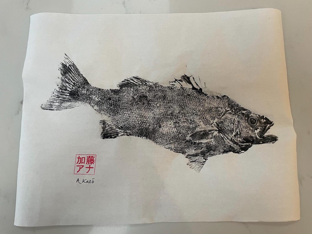 Wsumi Rice Fish Gyotaku Sea Bass Fish Ink Print on Rice Paper Using Traditional Sumi ...
