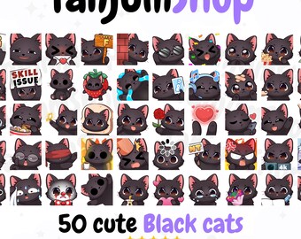 May include: A collection of 50 cute black cat illustrations with various expressions and accessories. The image includes text that reads "TanjumShop" and "50 cute Black cats". The illustrations are designed for Twitch, Discord, and Kick.
