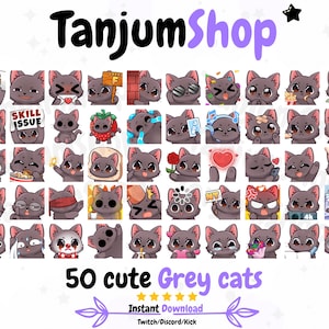 50 Cute Grey cat Emotes – Kawaii Twitch & Discord Emote Pack – PNG Instant Download for Streamers