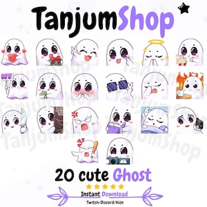 20 Cute Ghost Emotes – Kawaii Twitch & Discord Emote Pack – PNG Instant Download for Streamers
