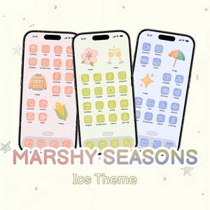 Puede incluir: Tres smartphones que muestran temas de iOS personalizados. Cada teléfono presenta un esquema de color diferente con iconos de aplicaciones. El texto "MARSHY SEASONS" y "Ios Theme" se muestra debajo.