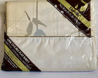 Sábana plana Danville vintage, tamaño doble, color crema, estampado floral Megan, vintage, sin planchar, nueva de stock antiguo.