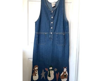 Vestido jersey vaquero VTG Beverlys LRG con aplique de muñeco de nieve, fabricado en EE. UU., color azul verdadero, estilo cottagecore.