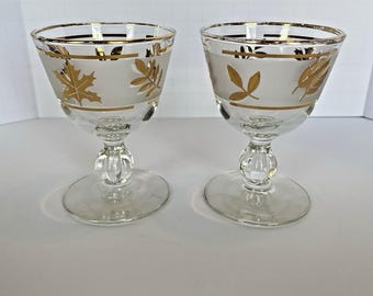 Vtg Frosted GOLD LEAF Sherbet Glass Set of 2 Mid Century - 3 7/8" Tall