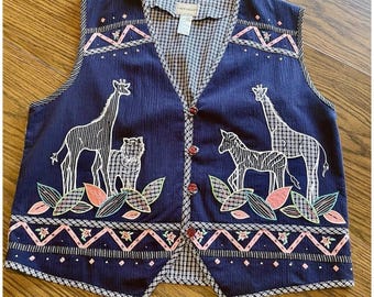 Chaleco vintage de los 90 con apliques florales de jirafa del zoológico del Valle de Napa, talla XL, en excelente estado.