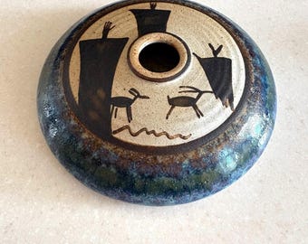 VTG beschilderde aardewerk pot TTF handgemaakt SW rotstekening stijl gesigneerd keramiek