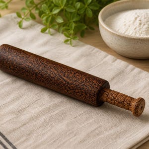 May include: A dark brown wooden rolling pin with textured handles rests on a beige linen cloth. The rolling pin is cylindrical with a smooth, polished surface. Wheat stalks and a bowl of flour are also visible.