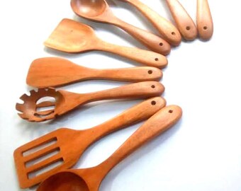 Juego de utensilios de cocina de madera hechos a mano (9 piezas) / Herramientas de cocina ecológicas de caoba