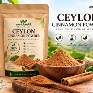 May include: A brown paper pouch of Ceylon Cinnamon Powder labelled with the worldbest.lk logo, featuring text stating 100% natural, no additives, no preservatives, and rich aroma. A wooden bowl and spoon contain the brown powder with cinnamon sticks.