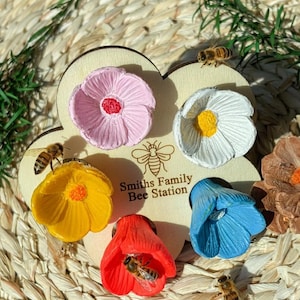 May include: A wooden bee station with six colorful, flower-shaped compartments. Each flower is a different color: pink, white, yellow, red, and blue. The text "Smiths Family Bee Station" is printed on the wooden base. Bees are present.