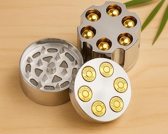 Molinillo de hierbas Revolver: molinillo metálico para tabaco y especias, un regalo original