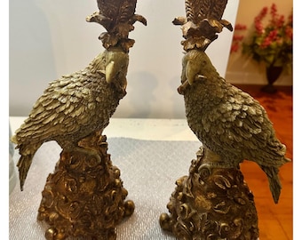 Dick Idesam Papagei Kerzenhalter Paar Vintage Gold Grünspan Vogel Kerzenhalter
