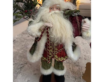 18 Zoll Weihnachtsmann Figur auf Holz Sockel Grün Burgund Festliche Urlaub Vintage