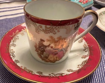 Limoges Frankreich Porzellan Teetasse Untertasse Werbeszene Goldvergoldung 1950er Jahre
