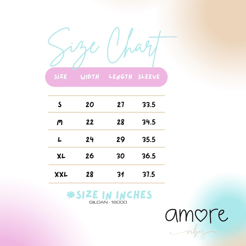 Puede incluir: Una tabla de tallas para ropa, con medidas en pulgadas. La tabla incluye tallas S, M, L, XL y XXL, con las medidas correspondientes de ancho, largo y manga. El texto "Size Chart" est&aacute; en la parte superior y la marca "amore vibes" en la parte inferior.