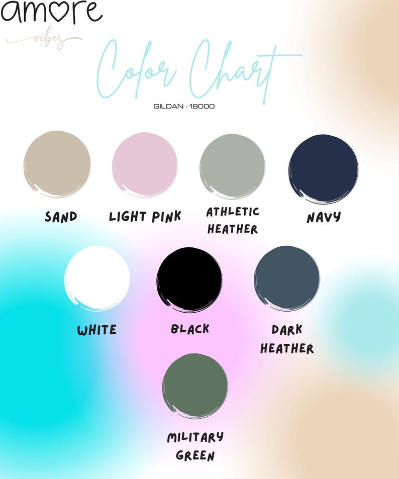 Puede incluir: Una carta de colores con nueve muestras de color circulares: arena, rosa claro, gris atl&eacute;tico, azul marino, blanco, negro, gris oscuro y verde militar. El texto "Color Chart" est&aacute; escrito en cursiva, con la marca "amore vibes" en la parte superior.
