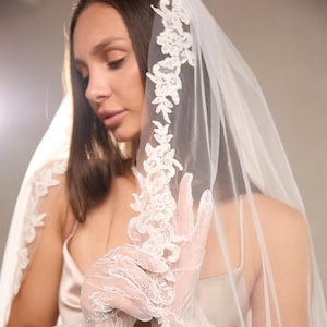 Wedding veil Lace wedding veil Lace trim bridal veil Ivory Wedding Veil White veil One layered One tiers Veil Catholic Long bridal veil