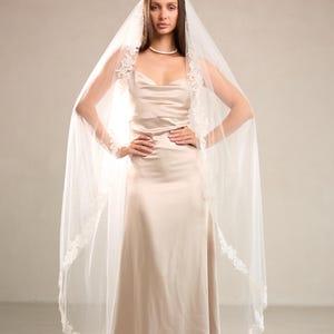 Ivory Wedding veil Lace wedding veil Lace trim bridal veil Wedding Veil White veil One layered One tiers Veil Catholic Long bridal veil