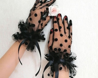 Doorschijnende zwarte polkadothandschoenen Elegante avondhandschoenen van mesh met ruches Vintage tulehandschoenen voor vrouwen Formele operahandschoenen Bruidsaccessoire