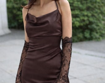 Elegant Brown Lace Gloves, Coffee Sheer Gloves with Eyelash Trim, Bridesmaid Opera Vintage Gloves Bridal Accessories, Chocolate Tulle Gloves